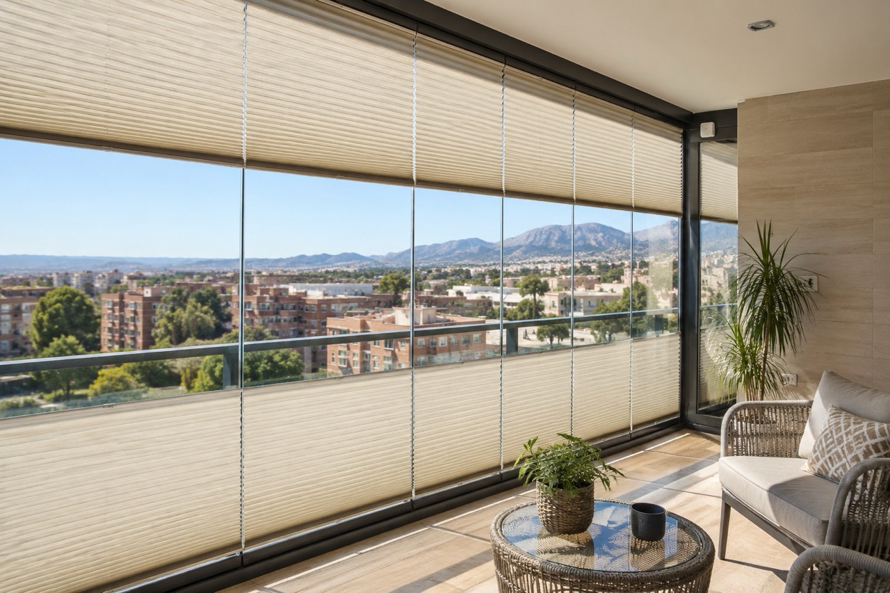 Cortinas plisadas en terrazas acristaladas para regular luz y privacidad. Tejidos, apertura, compatibilidad y mantenimiento.