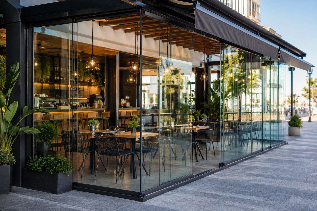 Cerramientos en locales comerciales para ganar zona util sin perder escaparate. Soluciones de cristal: hosteleria, tiendas, hoteles, negocios